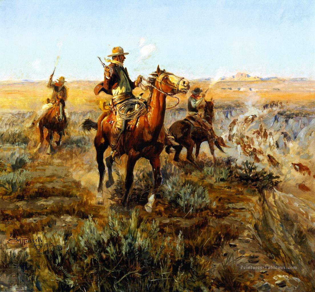 fumant du bétail sur des breaks 1912 Charles Marion Russell Peintures à l'huile
